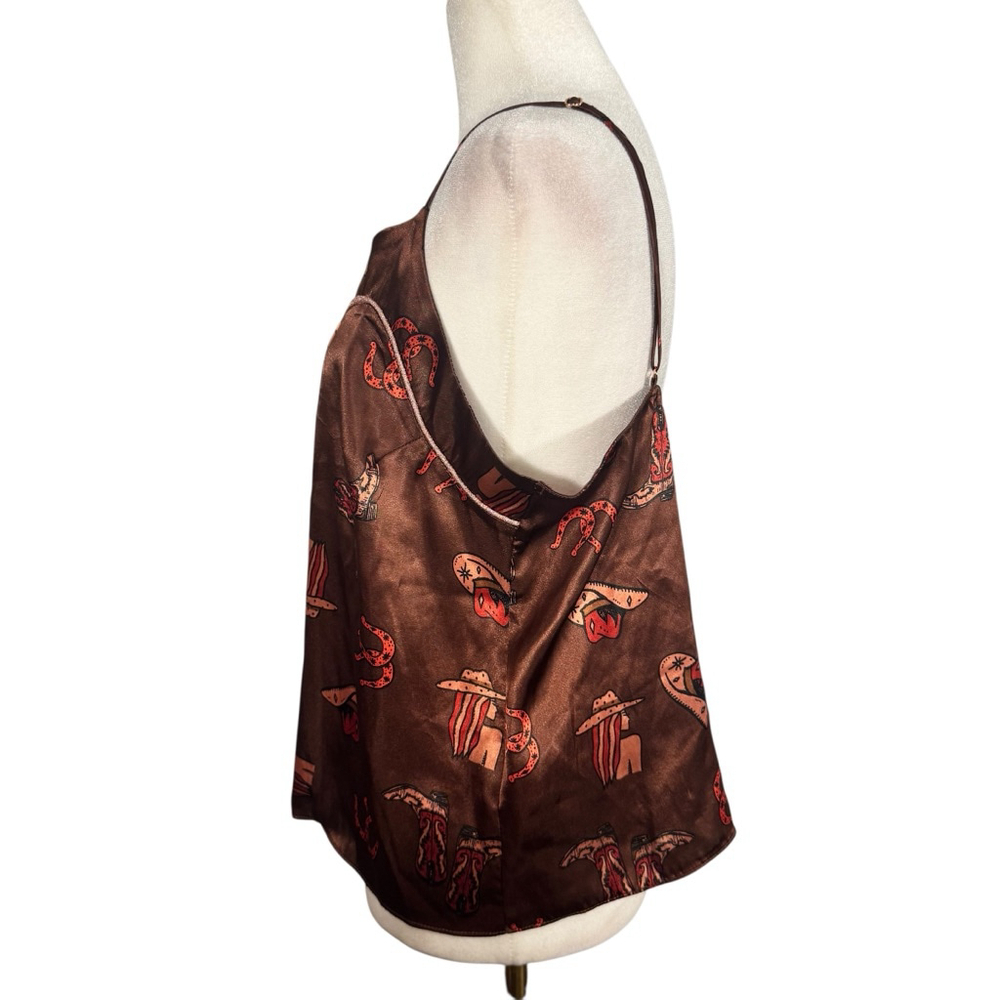 Size M western inspired brown satin camisole/tank cowboy hat boot print - Picture 3 of 10